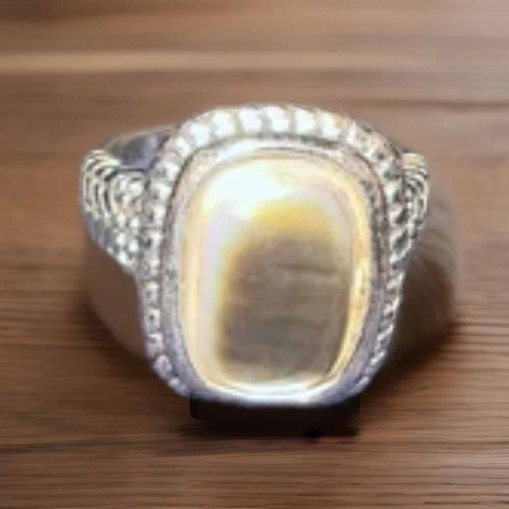 Silver Tone Ring Size 9.5 Smoky‎ Opal Stone With Beaded Rectangular Border
